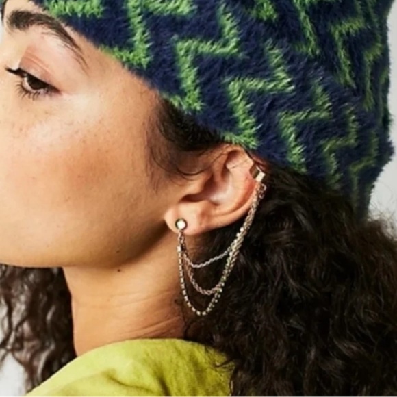 Free People Party Party Ear Chain Cuff Amber Rhinestone Gunmetal NWT Bohemian - Picture 11 of 13